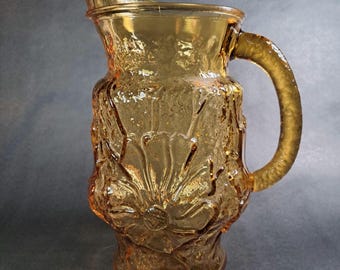 Vintage Amber Glass Pitcher Jug Vase Rainflower Pattern Mid Century Half Gallon