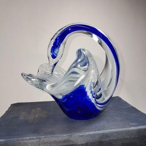 Murano Style Swan Blown Glass Cobalt and Clear Paperweight