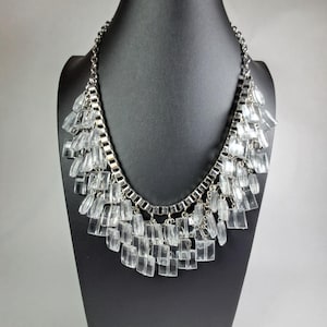 Vintage Bib Necklace Silver Tone Acrylic Squares Adjustable Costume Jewelry
