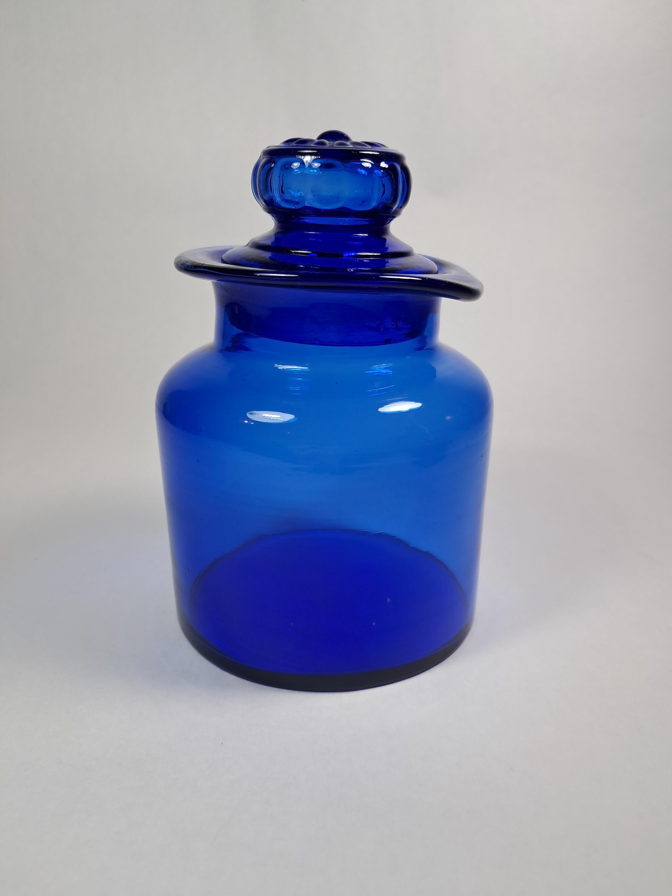 Cobalt Blue Glass Takahashi Apothecary Jar w/Original Daisy Lid 6" MCM