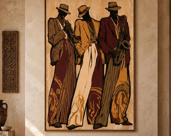 Jazz Band Painting, Retro Musician Wall Art, Vintage Saxophone Trumpet Canvas Decor