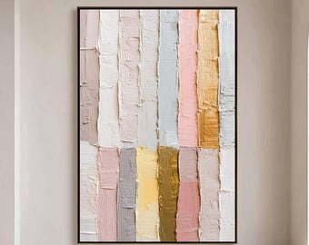 Original Pastel Textured Abstract Oil Painting, Pink & Gold Impasto Wall Art, Vertical Palette Knife Decor, Modern Minimalist Home Decor Art