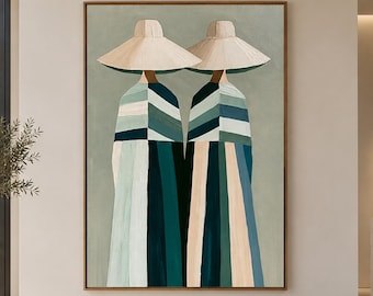Two Figure Fashion Painting, Minimalist Figurative Wall Art, Modern Folk Canvas Decor