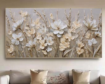 Textured White Floral Oil Painting, Elegant 3D Flower Artwork for Chic Home Decor, Unique Wall Art