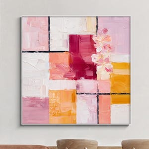 Modern Abstract Color Block Oil Painting, Textured Geometric Wall Art, Pink Floral Painting, Hand Painted Artwork, Contemporary Home Decor