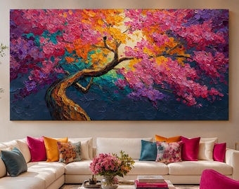 Textured Cherry Blossom Oil Painting, Impasto Floral Tree Canvas, Pink Wall Art