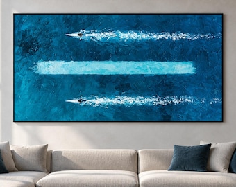 Aerial Kayak Painting, Deep Blue Water Sports Wall Art, Coastal Adventure Canvas Decor