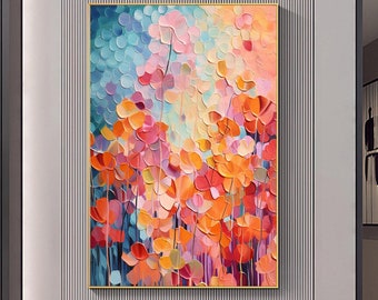 Original Colorful Minimalist Flower Painting on Canvas, Abstract Modern Blossom Painting, Large Texture Floral Wall Art, Bedroom Wall Decor