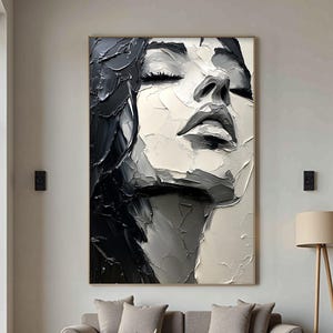 Original Abstract Woman Portrait Painting, Large Contemporary Face Artwork, Bold Black White Textured Wall Art, Personalized Office Decor