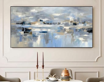 Large Abstract Oil Painting on Canvas, Beige Blue Textured Wall Art
