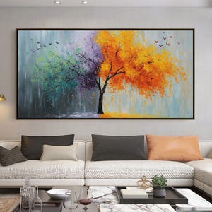 Original Four Seasons Tree Painting, Textured Colorful Leaves Wall Art, Modern Abstract Landscape Canvas Art, Modern Home Office Wall Decor