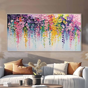 Original färgglad blomoljemålning på duk, abstrakt blommålning, stor texturerad blomväggkonst, modern vardagsrumsinredning