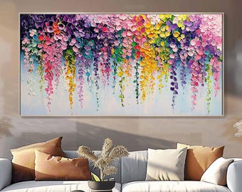 Original Colorful Flower Oil Painting On Canvas, Abstract Blossom  Painting, Large Textured Floral Wall Art, Modern Living Room Home Decor