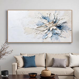 Abstract Beige Blue Flower Oil Painting, White Textured Canvas Art, Modern Minimalist Wall Art, Large Floral Painting, Stylish Home Decor