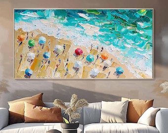 Textured Beach Oil Painting On Canvas, Colorful Parasols, Large Wall Art
