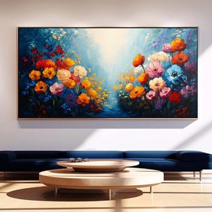 Abstract 3D Colorful Flower Canvas Oil Painting, Original Blossom Painting, Large Floral Textured Landscape Wall Art, Living Room Home Decor
