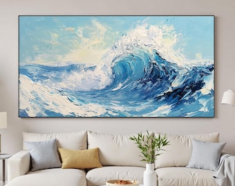 Dipinto ad olio con onde oceaniche strutturate, grande tela con paesaggio marino in impasto