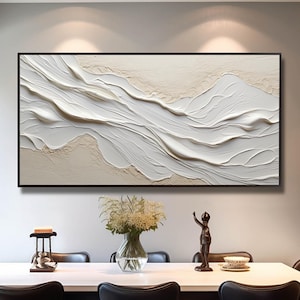 Original 3D White Wave Textured Canvas Oil Painting, Abstract Beige Beach Painting, Large Ocean Scenery Wall Art, Sofa Background Wall Decor