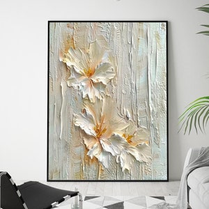 Original Ölgemälde der weißen Blume auf Leinwand, abstrakte minimalistische Blütenmalerei, große pastose Textur Blumenwandkunst Schlafzimmerwanddekor