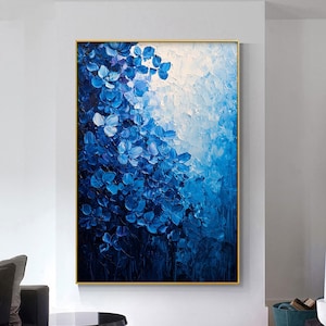 Hand-painted Minimalist Flower Painting On Canvas, Original Abstract Blossom Painting, Large Texture Blue Floral Wall Art Bedroom Wall Decor