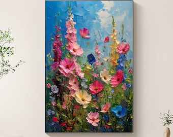 Original Colorful Flower Oil Painting on Canvas, Abstract Blossom Painting, Large Impasto Texture Floral Wall Art, Modern Bedroom Wall Decor