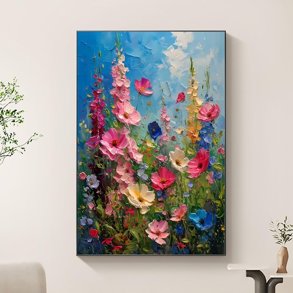 Pintura a óleo original com técnica impasto sobre tela, arte floral colorida para parede.