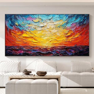 Original Gemälde Auf Leinwand Sonnenuntergang, Große Ozean Landschaft Wand Kunst, Moderne Wohnkultur