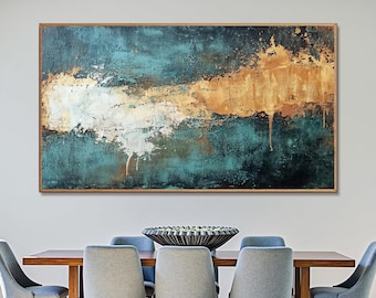 Large Abstract Painting on Canvas, Blue Gold Textured Wall Art, Modern Decor