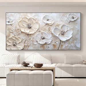 Abstract Blossom Textured Painting, Original 3D White Floral Canvas Oil Painting, Large Flower Landscape Art Boho Home Decor For Living Room