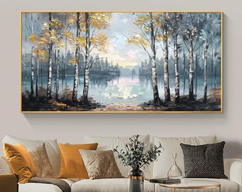 Dipinto astratto ad olio su tela raffigurante un lago nella foresta, paesaggio colorato per decorazione murale.