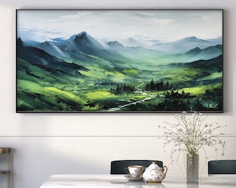 May include: A framed painting depicting a landscape with green hills, a winding river, and a small forest in the distance. The sky is a light blue with white clouds.