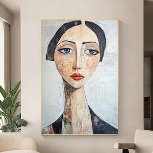 Abstract Portrait Oil Painting on Canvas, Original Beautiful Female Model Painting, Large Modern People Wall Art, Custom Bedroom Wall Decor