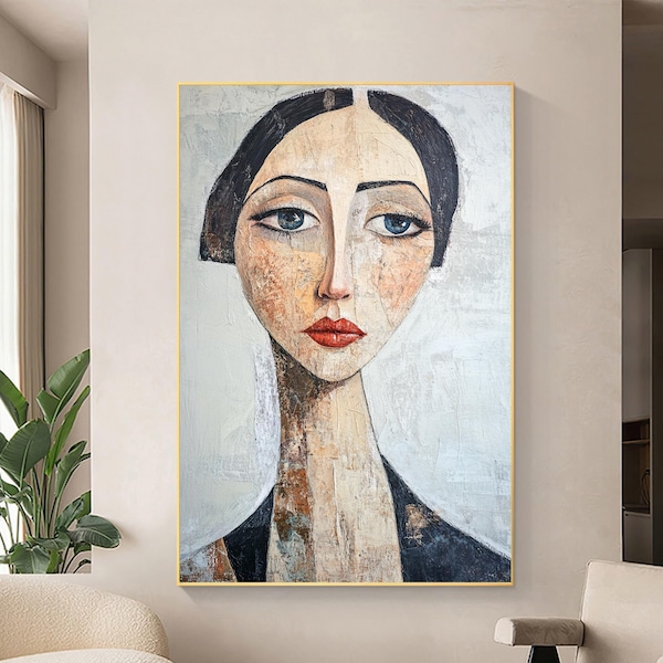 Retrato abstracto femenino pintado al óleo sobre lienzo, arte mural moderno.