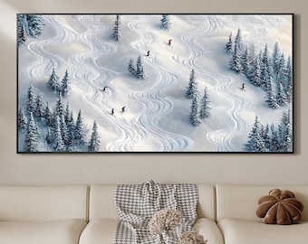 Original Winter Snow Sports Oil Painting on Canvas, Abstract Textured Skiing Sport Wall Art Skier Home Decor Painting, Gifts for Ski Lovers