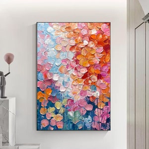 Pintura al óleo minimalista y colorida original sobre lienzo, pintura abstracta de flores, arte floral de gran textura para pared, decoración moderna de pared estilo boho para dormitorio