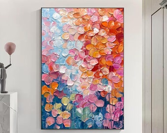 Original Colorful Minimalist Oil Painting on Canvas, Abstract Flower Painting, Large Texture Floral Wall Art, Modern Boho Bedroom Wall Decor