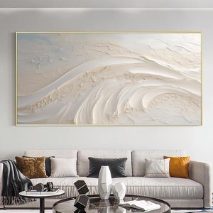 Hand Painted 3D White Beach Oil Painting on Canvas, Large Original Abstract Seascape Painting, Thick Texture Wall Art Living Room Wall Decor