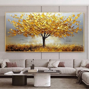 Original Tree of Life Painting On Canvas, Large Abstract Golden Big Tree Painting, Textured Wall Art, Custom Modern Living Room Wall Decor