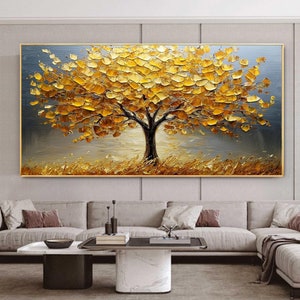 Grande peinture à l'huile abstraite dorée sur toile d'arbre de vie, peinture originale de grand arbre, oeuvre d'art murale texturée, décoration de salon personnalisée