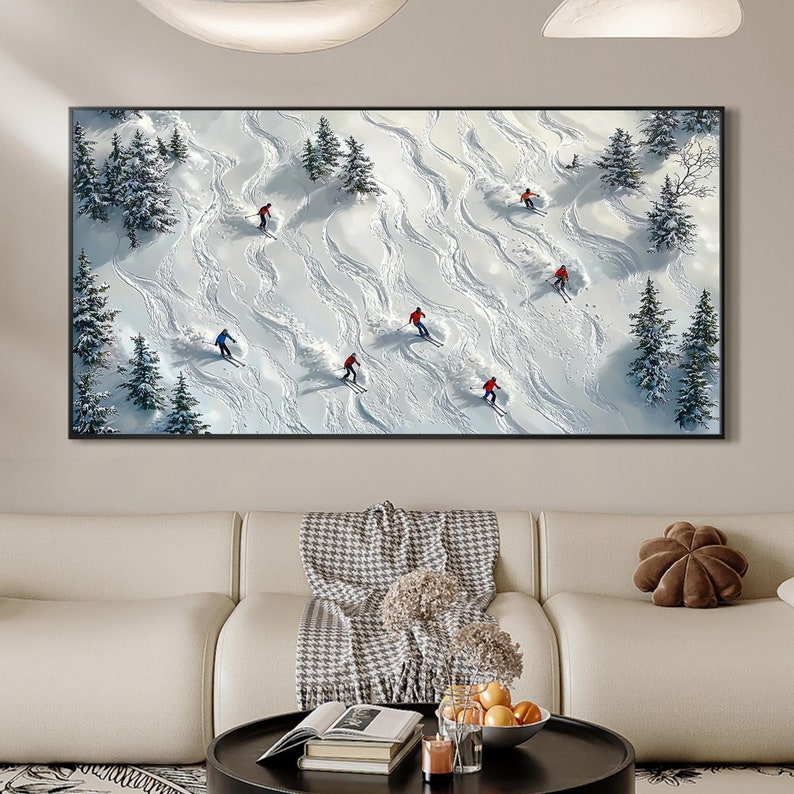 Abstract Skiing Sport Landscape Oil Painting on Canvas, Original Large Texture Winter Wall Art, Custom Painting Skiers Painting Home Decor