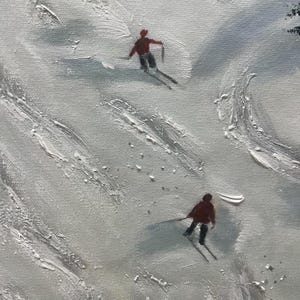 May include: Two skiers in red jackets are skiing down a snowy slope. The skiers are small in the image and the snow is white with some grey brushstrokes.
