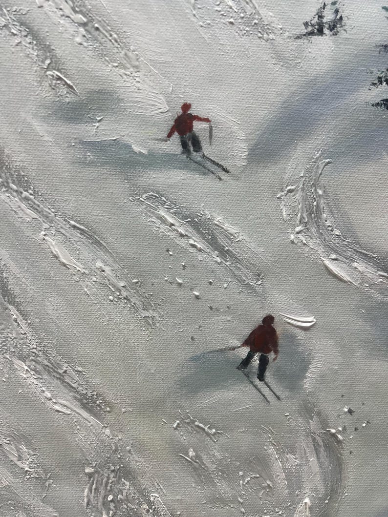 May include: Two skiers in red jackets are skiing down a snowy slope. The skiers are small in the image and the snow is white with some grey brushstrokes.