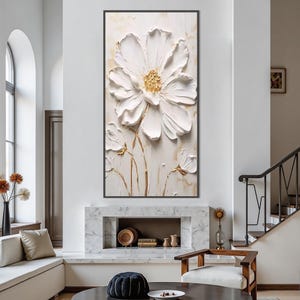 White Textured Wall Art, 3D Flower Painting, Minimalist Impasto Floral Art, Japandi Living Room Decor, Original Neutral Artwork on Canvas