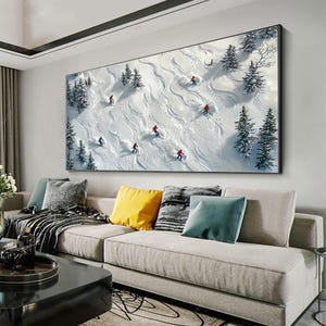 Abstract Skiing Sport Landscape Oil Painting on Canvas, Original Large Texture Winter Wall Art, Custom Painting Skiers Painting Home Decor