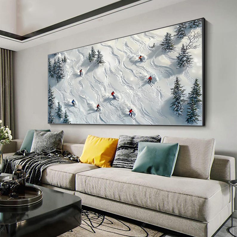 Abstract Skiing Sport Landscape Oil Painting on Canvas, Original Large Texture Winter Wall Art, Custom Painting Skiers Painting Home Decor