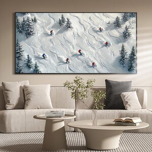 Abstract Skiing Sport Landscape Oil Painting on Canvas, Original Large Texture Winter Wall Art, Custom Painting Skiers Painting Home Decor