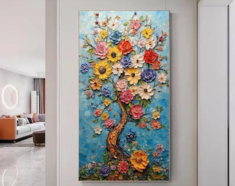 Original Colorful Flower Texture Canvas Oil Painting, Abstract Plant Painting Large Blossom Landscape Wall Art Custom Living Room Home Decor