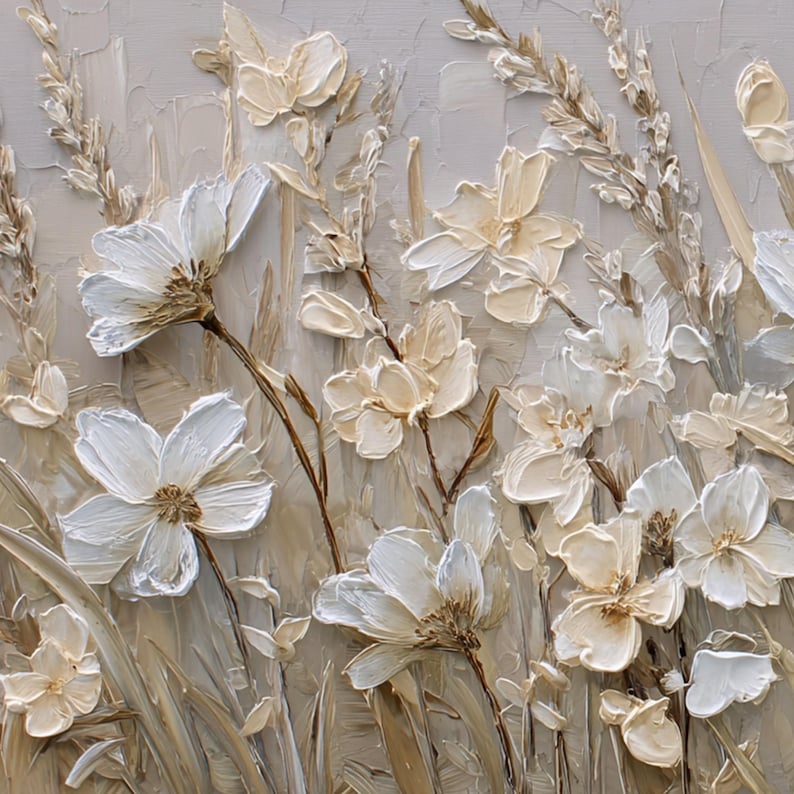 Textured White Floral Oil Painting, 3D Flower Canvas Art - Etsy