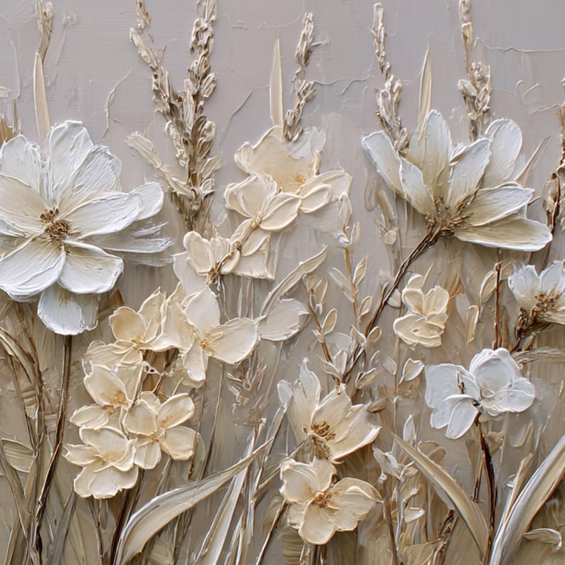 Textured White Floral Oil Painting, 3D Flower Canvas Art - Etsy