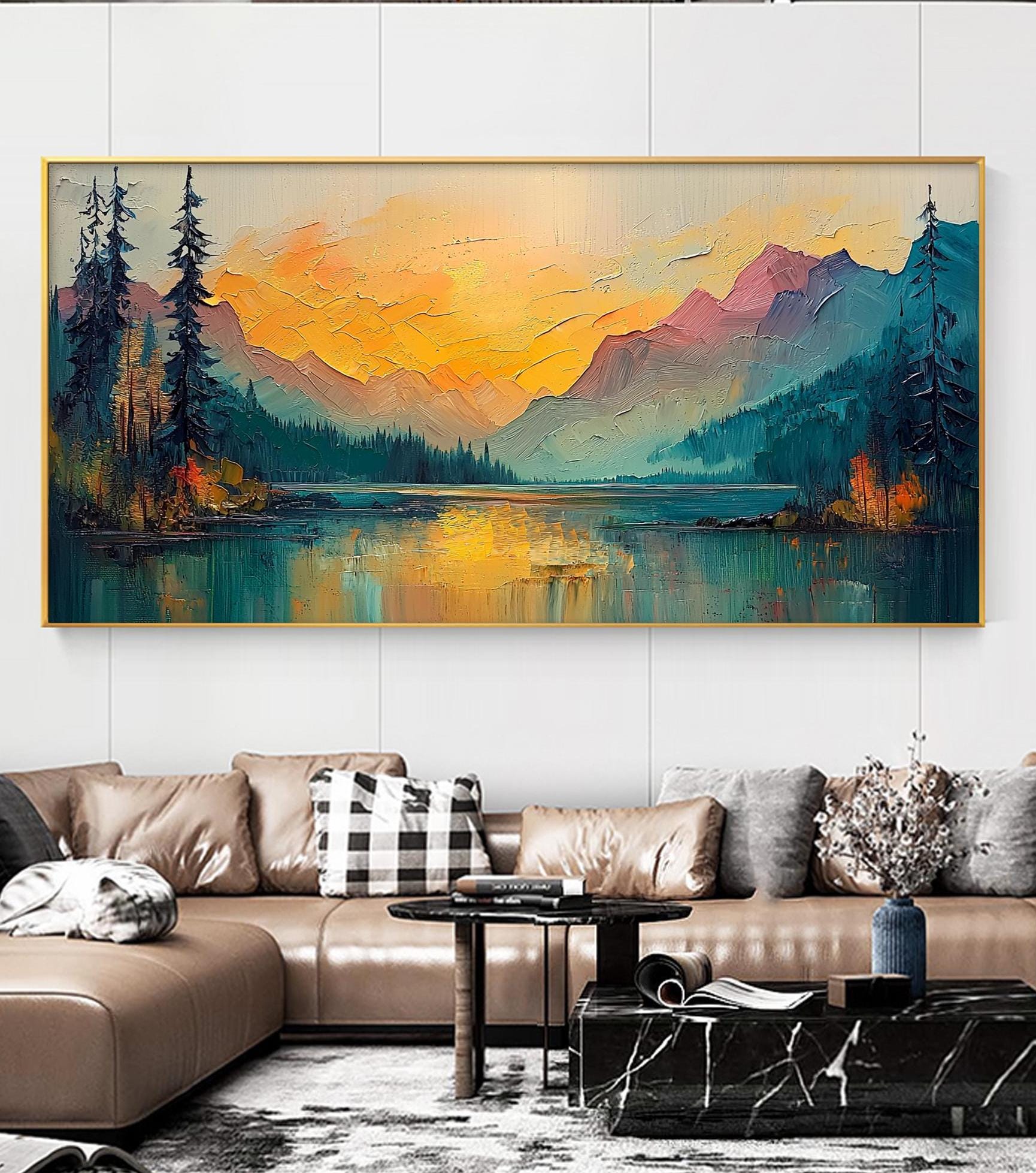 Textured Mountain Sunset Oil Painting, Large Abstract Canvas Wall Art ...